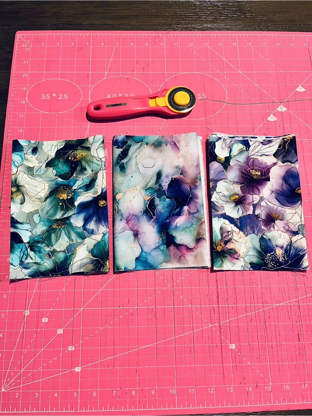 Handmade Watercolor Teal Purple Metallic Gold Floral Scrunchies